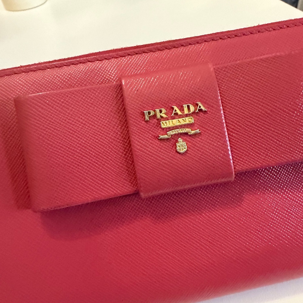 Prada Prada Red Saffiano Leather Bow Zip Around Wallet - Picture 2 of 12